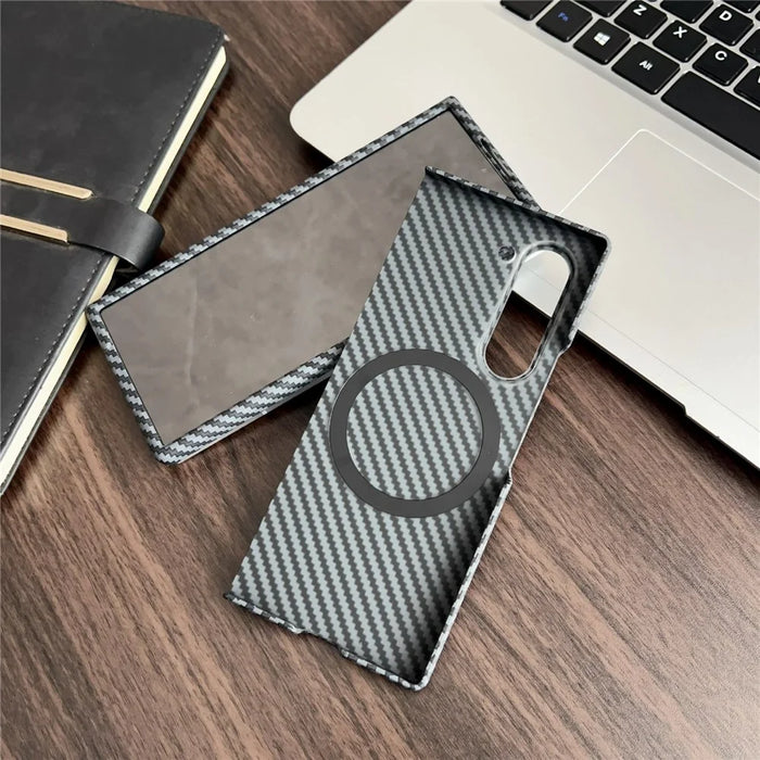 For Samsung Galaxy Z Fold6 5G Magnetic Case Carbon Fiber Texture PC Phone Cover with Screen Protector - Black - 4