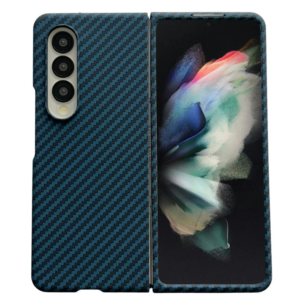 For Samsung Galaxy Z Fold3 5G Magnetic Case Carbon Fiber Texture PC Phone Cover with Screen Protector - Blue - 1
