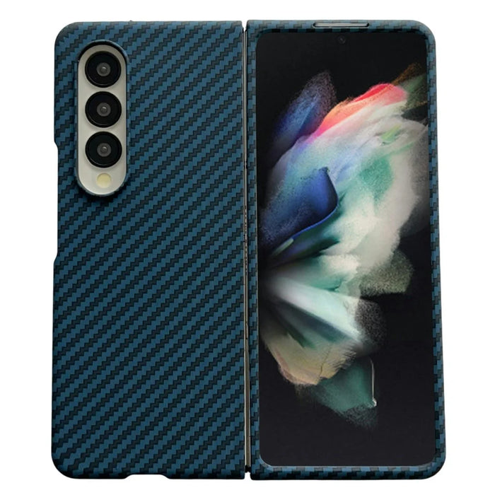 For Samsung Galaxy Z Fold3 5G Magnetic Case Carbon Fiber Texture PC Phone Cover with Screen Protector - Blue - 1