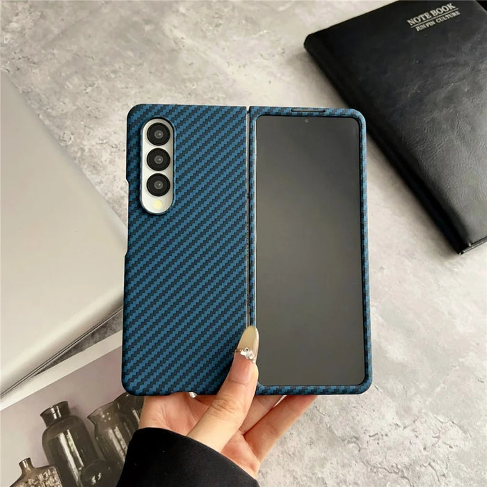 For Samsung Galaxy Z Fold3 5G Magnetic Case Carbon Fiber Texture PC Phone Cover with Screen Protector - Blue - 2