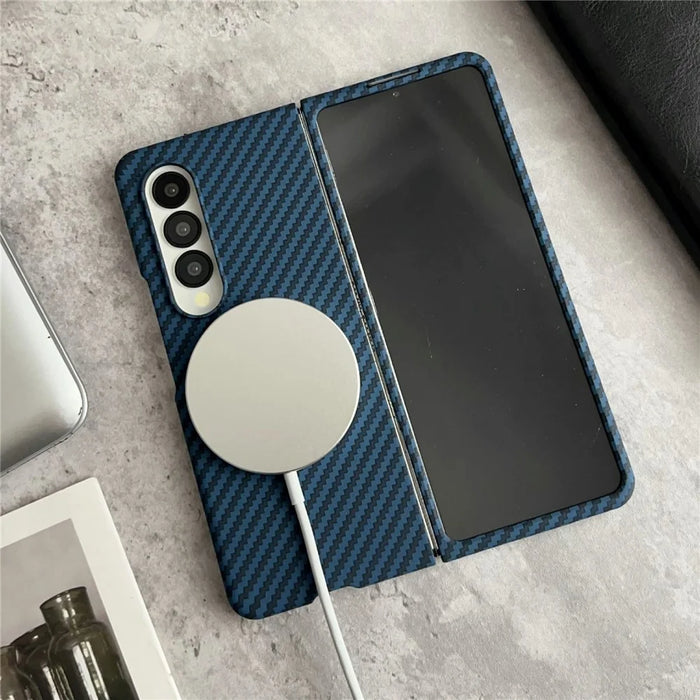 For Samsung Galaxy Z Fold3 5G Magnetic Case Carbon Fiber Texture PC Phone Cover with Screen Protector - Blue - 3