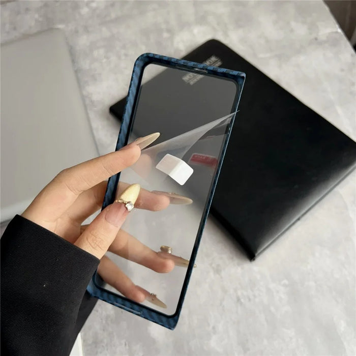 For Samsung Galaxy Z Fold3 5G Magnetic Case Carbon Fiber Texture PC Phone Cover with Screen Protector - Blue - 7
