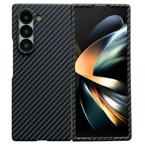 For Samsung Galaxy Z Fold4 5G Magnetic Case Carbon Fiber Texture PC Phone Cover with Screen Protector - Black - 1