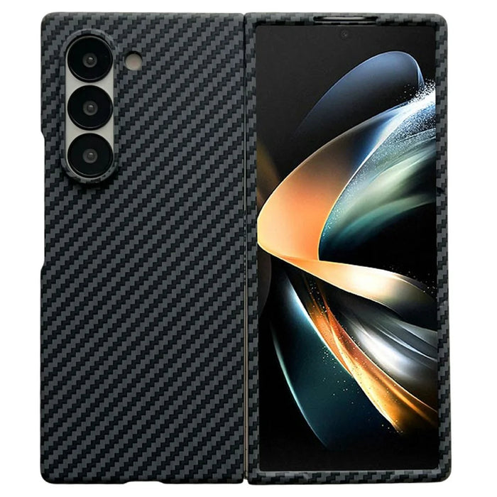 For Samsung Galaxy Z Fold4 5G Magnetic Case Carbon Fiber Texture PC Phone Cover with Screen Protector - Black - 1