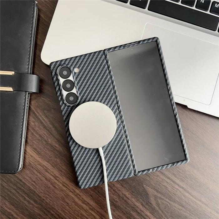 For Samsung Galaxy Z Fold4 5G Magnetic Case Carbon Fiber Texture PC Phone Cover with Screen Protector - Black - 3