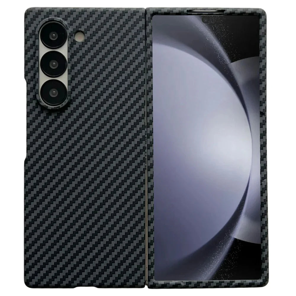 For Samsung Galaxy Z Fold5 5G Magnetic Case Carbon Fiber Texture PC Phone Cover with Screen Protector - Black - 1