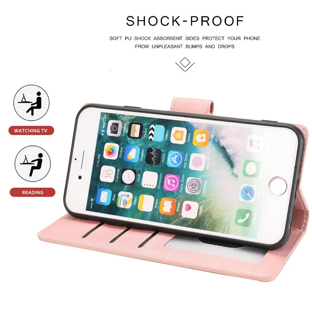 For iPhone 17e / 16e Case PU Leather Phone Cover with Wallet Stand - Pink - 6