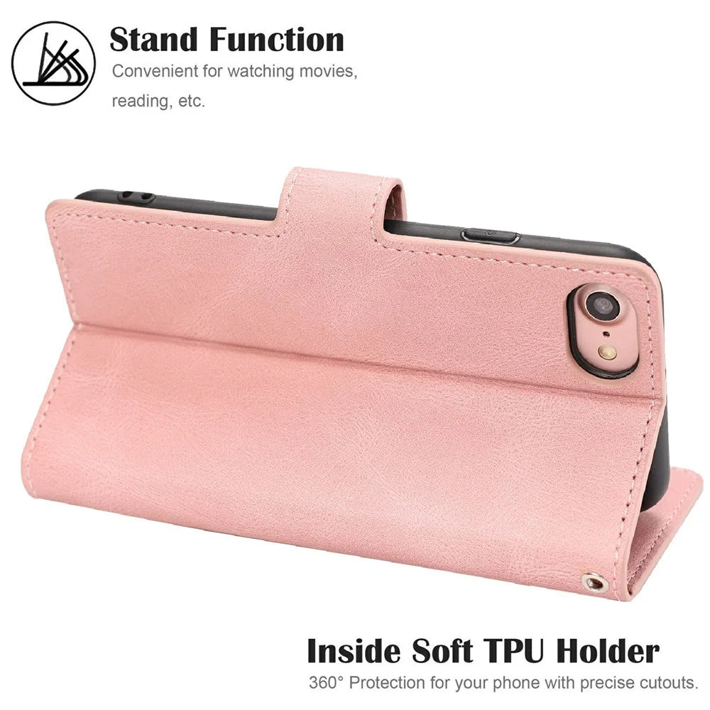 For iPhone 17e / 16e Case PU Leather Phone Cover with Wallet Stand - Pink - 7
