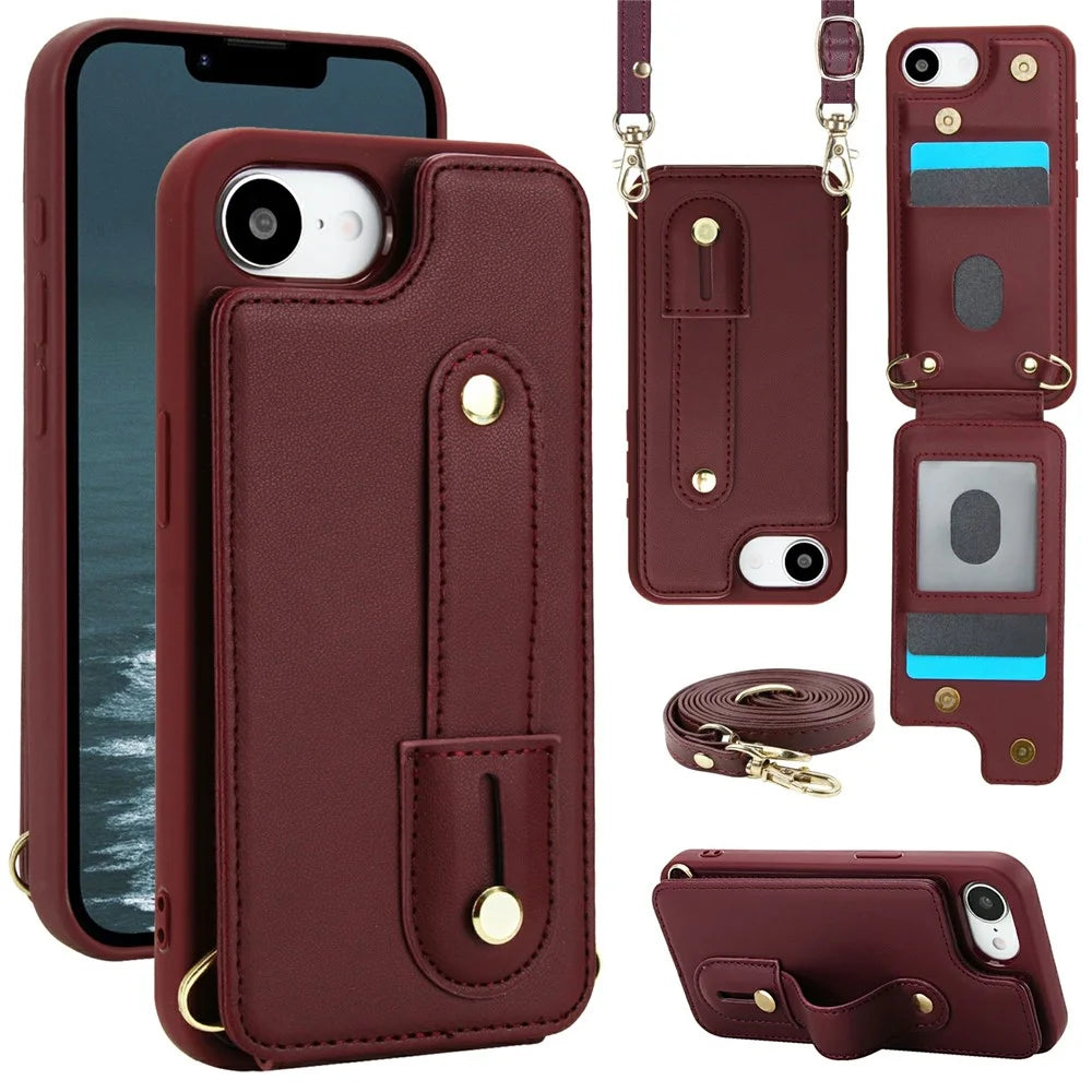 For iPhone 17e / 16e Case Kickstand Card Slots Leather Coated TPU Cover with Shoulder Strap - Wine Red - 1