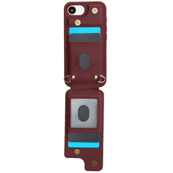 For iPhone 17e / 16e Case Kickstand Card Slots Leather Coated TPU Cover with Shoulder Strap - Wine Red - 2