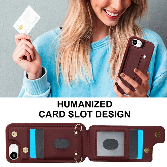 For iPhone 17e / 16e Case Kickstand Card Slots Leather Coated TPU Cover with Shoulder Strap - Wine Red - 5