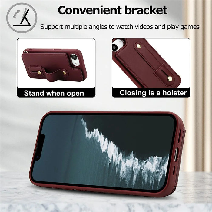 For iPhone 17e / 16e Case Kickstand Card Slots Leather Coated TPU Cover with Shoulder Strap - Wine Red - 6