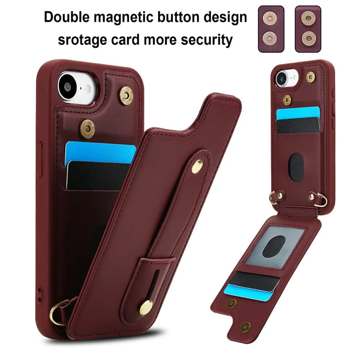 For iPhone 17e / 16e Case Kickstand Card Slots Leather Coated TPU Cover with Shoulder Strap - Wine Red - 7
