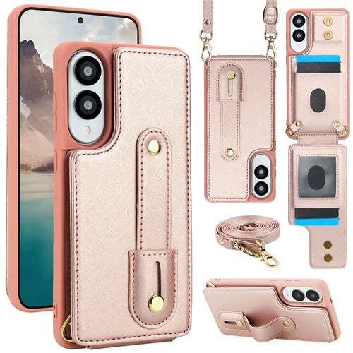 For Samsung Galaxy S25 Edge Case Kickstand Card Slots Leather Coated TPU Cover with Shoulder Strap - Rose Gold - 1