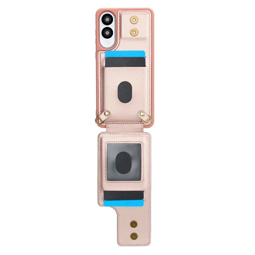 For Samsung Galaxy S25 Edge Case Kickstand Card Slots Leather Coated TPU Cover with Shoulder Strap - Rose Gold - 2