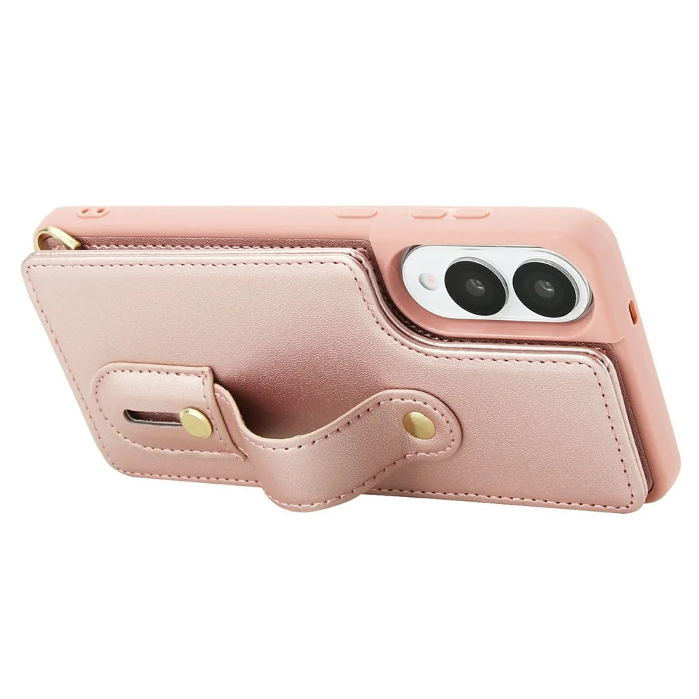 For Samsung Galaxy S25 Edge Case Kickstand Card Slots Leather Coated TPU Cover with Shoulder Strap - Rose Gold - 3