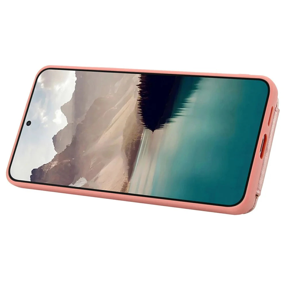 For Samsung Galaxy S25 Edge Case Kickstand Card Slots Leather Coated TPU Cover with Shoulder Strap - Rose Gold - 4