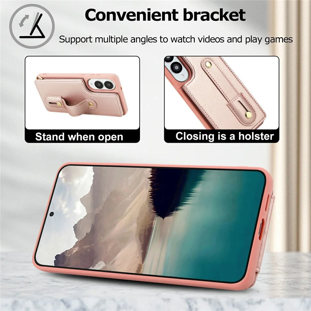 For Samsung Galaxy S25 Edge Case Kickstand Card Slots Leather Coated TPU Cover with Shoulder Strap - Rose Gold - 5
