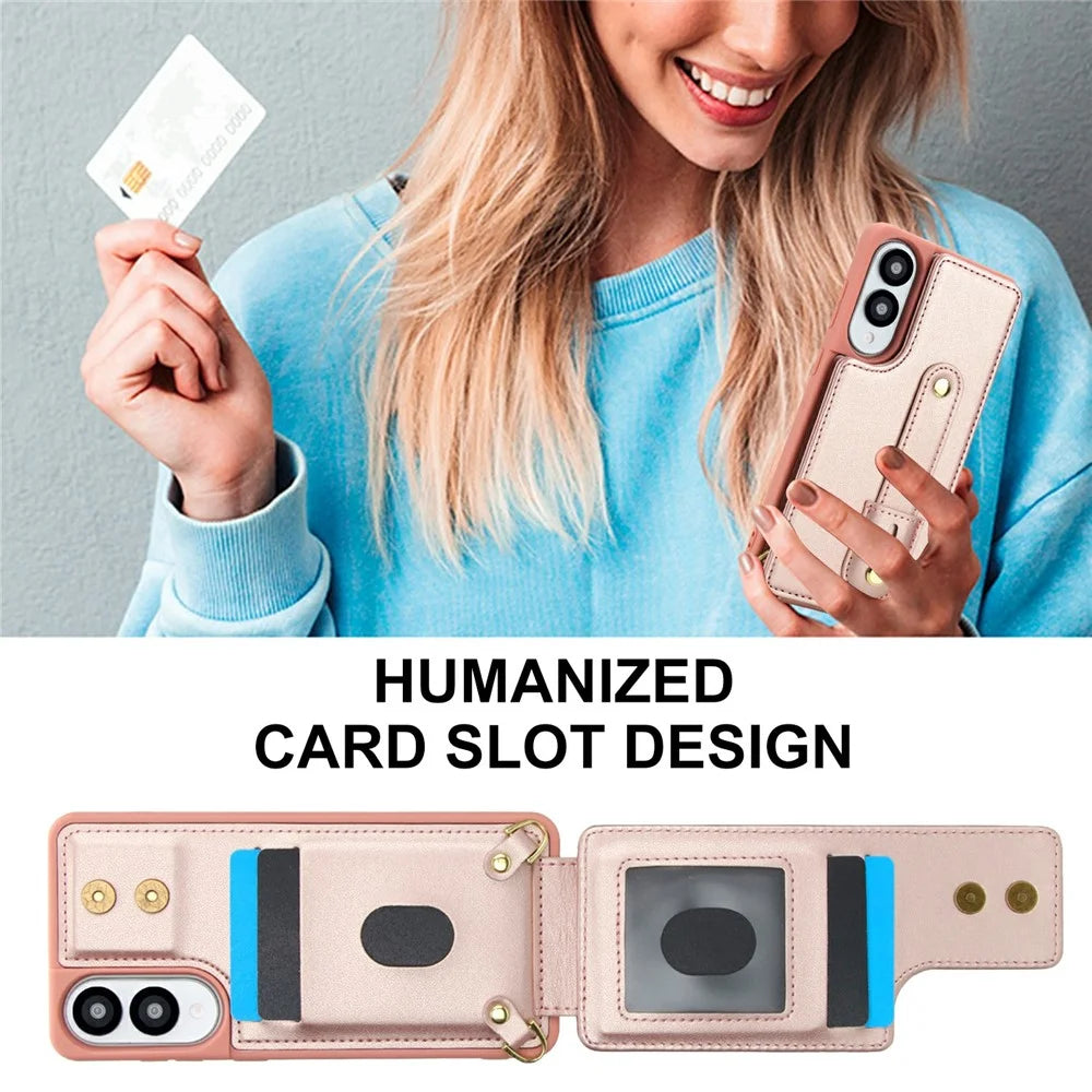 For Samsung Galaxy S25 Edge Case Kickstand Card Slots Leather Coated TPU Cover with Shoulder Strap - Rose Gold - 6