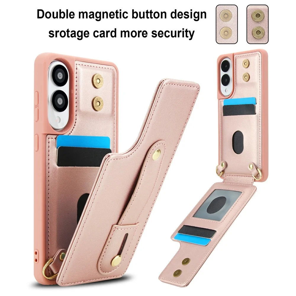 For Samsung Galaxy S25 Edge Case Kickstand Card Slots Leather Coated TPU Cover with Shoulder Strap - Rose Gold - 7
