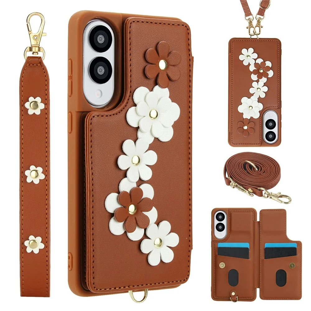 SY-001 For Samsung Galaxy S25 Edge Case Card Slots Leather Coated TPU Flower Phone Cover - Brown - 1