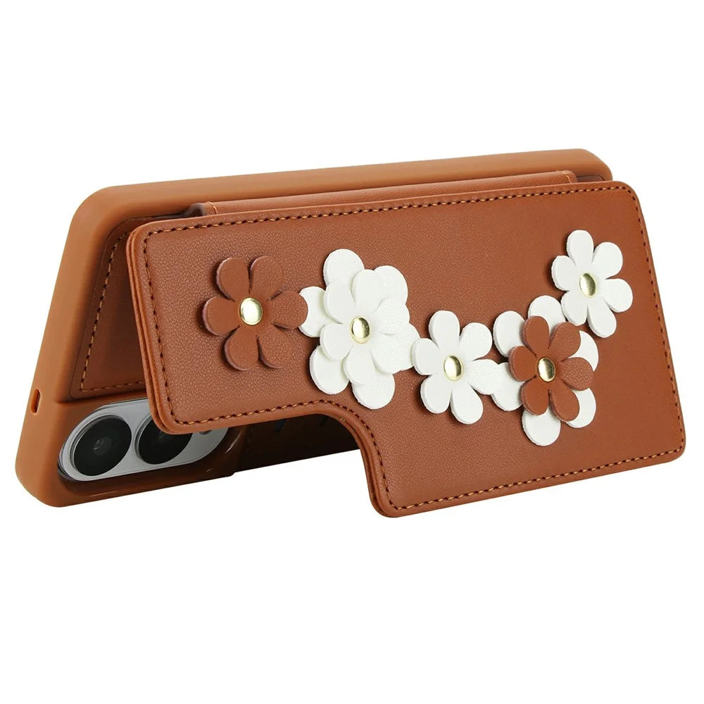 SY-001 For Samsung Galaxy S25 Edge Case Card Slots Leather Coated TPU Flower Phone Cover - Brown - 3