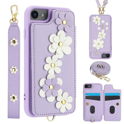 SY-001 For iPhone 17e / 16e Case Card Slots Leather Coated TPU Flower Phone Cover - Purple - 1
