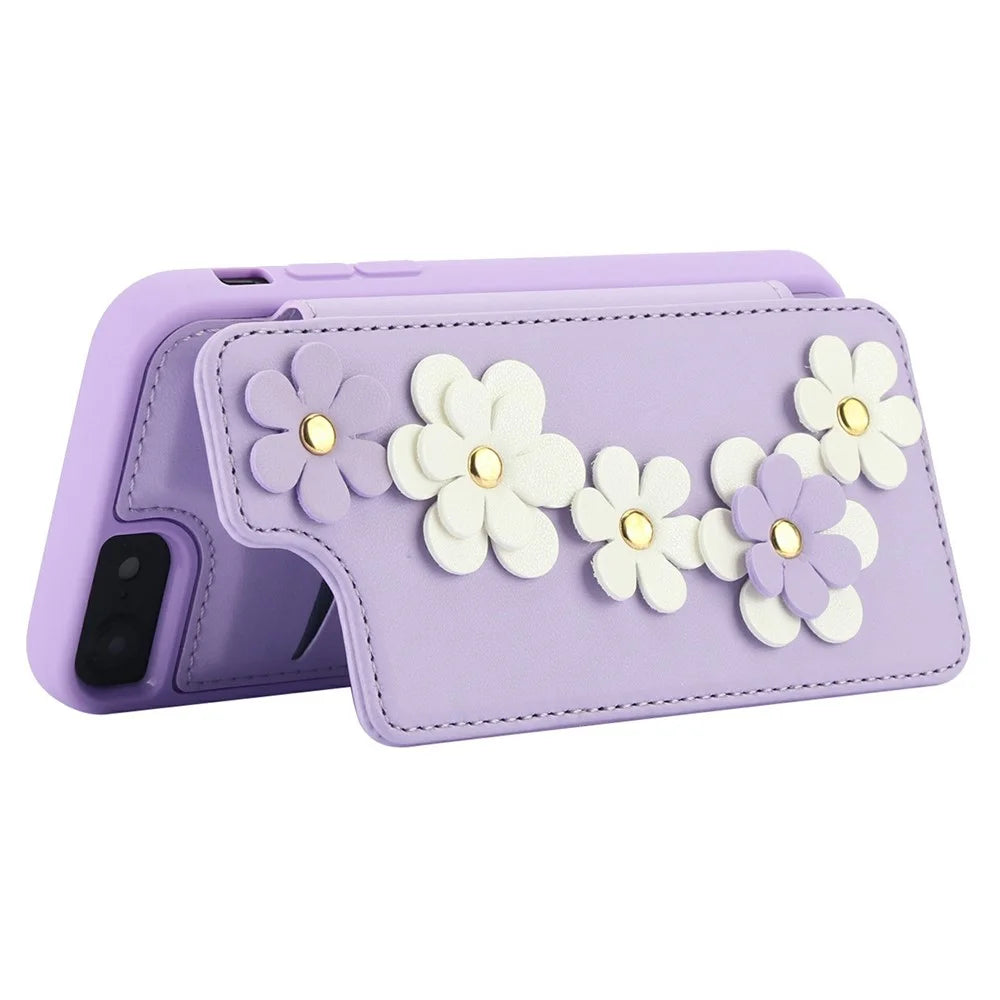 SY-001 For iPhone 17e / 16e Case Card Slots Leather Coated TPU Flower Phone Cover - Purple - 3