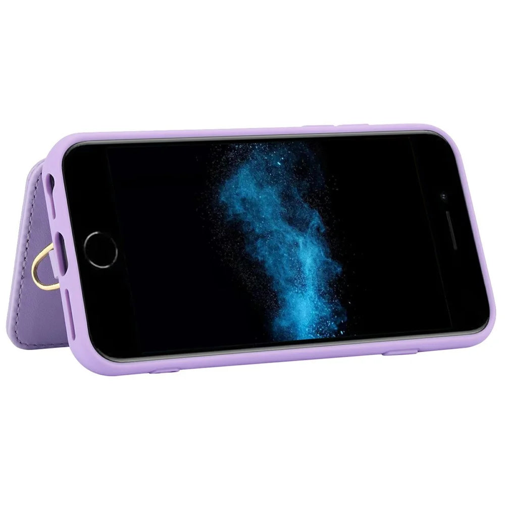 SY-001 For iPhone 17e / 16e Case Card Slots Leather Coated TPU Flower Phone Cover - Purple - 4
