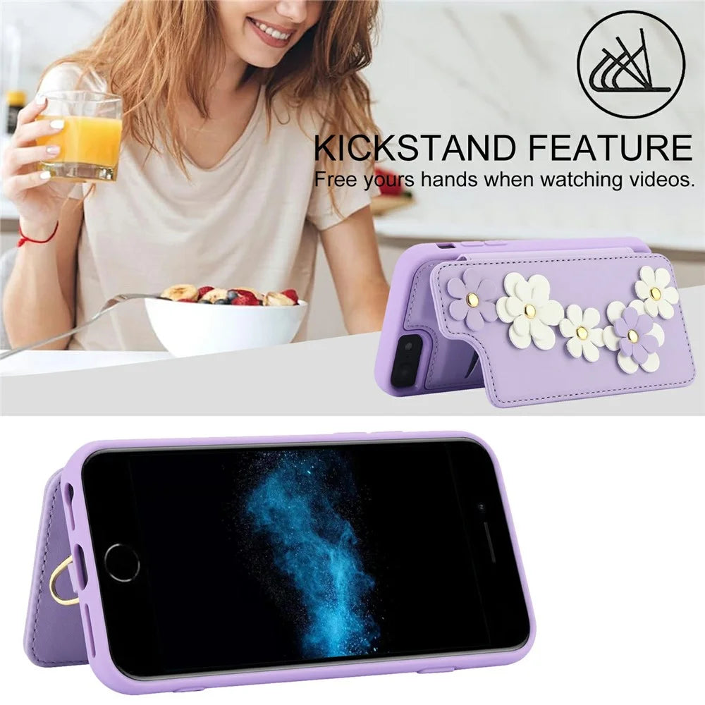 SY-001 For iPhone 17e / 16e Case Card Slots Leather Coated TPU Flower Phone Cover - Purple - 6