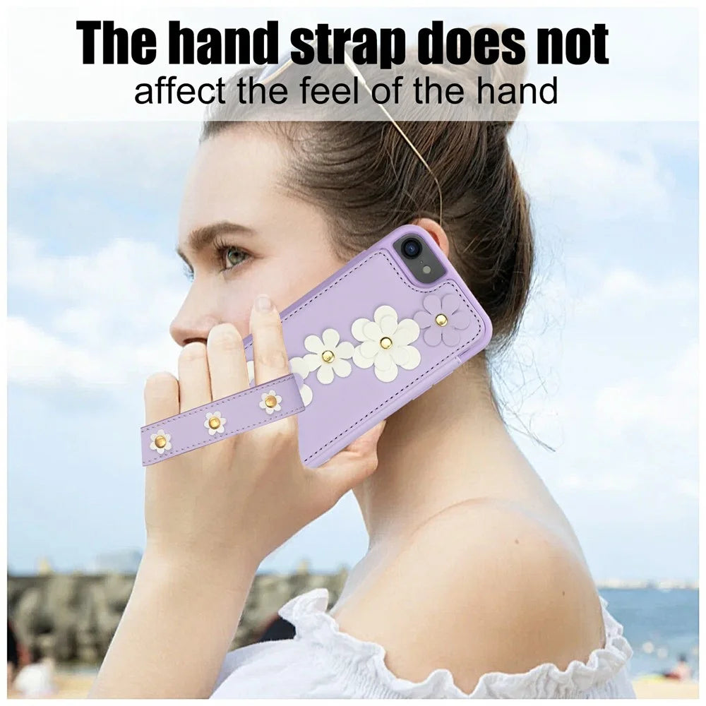 SY-001 For iPhone 17e / 16e Case Card Slots Leather Coated TPU Flower Phone Cover - Purple - 7