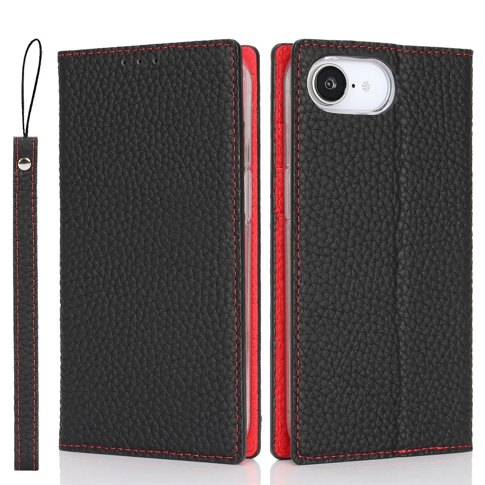 For iPhone 17e / 16e Wallet Case Genuine Cow Leather Phone Cover Litchi Texture - Black - 1