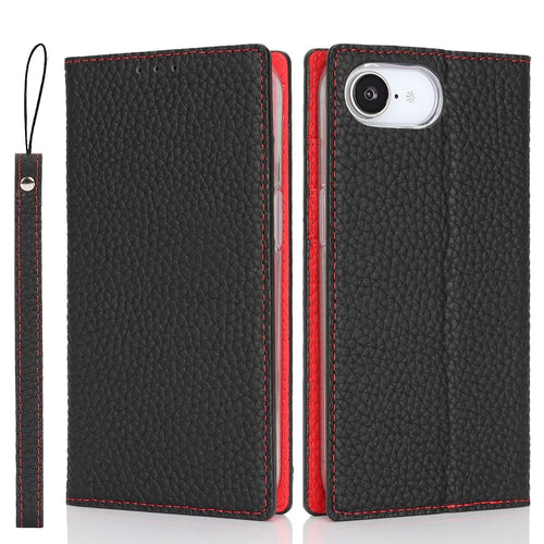 For iPhone 17e / 16e Wallet Case Genuine Cow Leather Phone Cover Litchi Texture - Black - 1