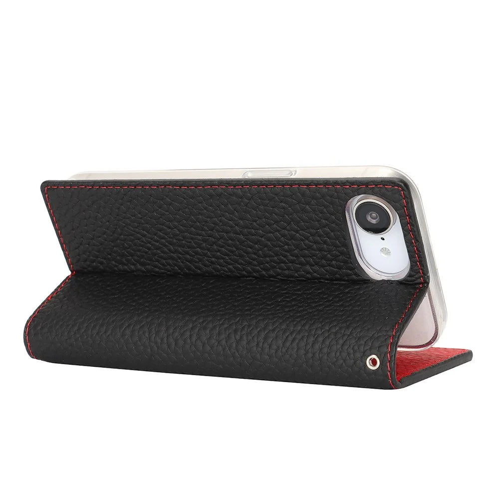 For iPhone 17e / 16e Wallet Case Genuine Cow Leather Phone Cover Litchi Texture - Black - 3