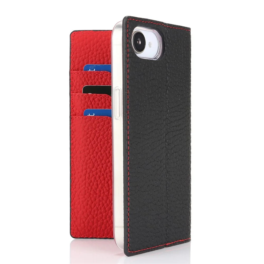 For iPhone 17e / 16e Wallet Case Genuine Cow Leather Phone Cover Litchi Texture - Black - 5