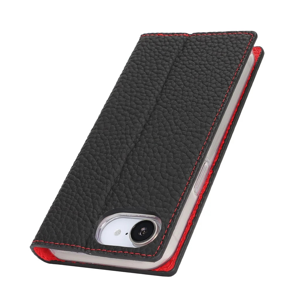 For iPhone 17e / 16e Wallet Case Genuine Cow Leather Phone Cover Litchi Texture - Black - 6