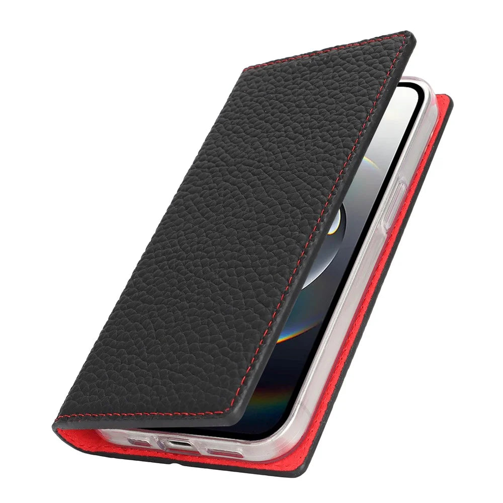 For iPhone 17e / 16e Wallet Case Genuine Cow Leather Phone Cover Litchi Texture - Black - 7