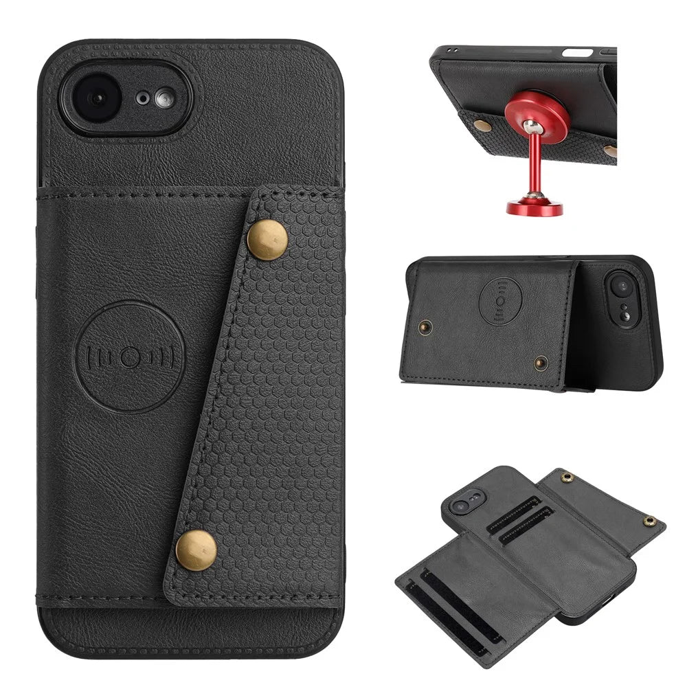 For iPhone 17e / 16e Case with Card Slots Kickstand Leather + TPU Phone Cover - Black - 1