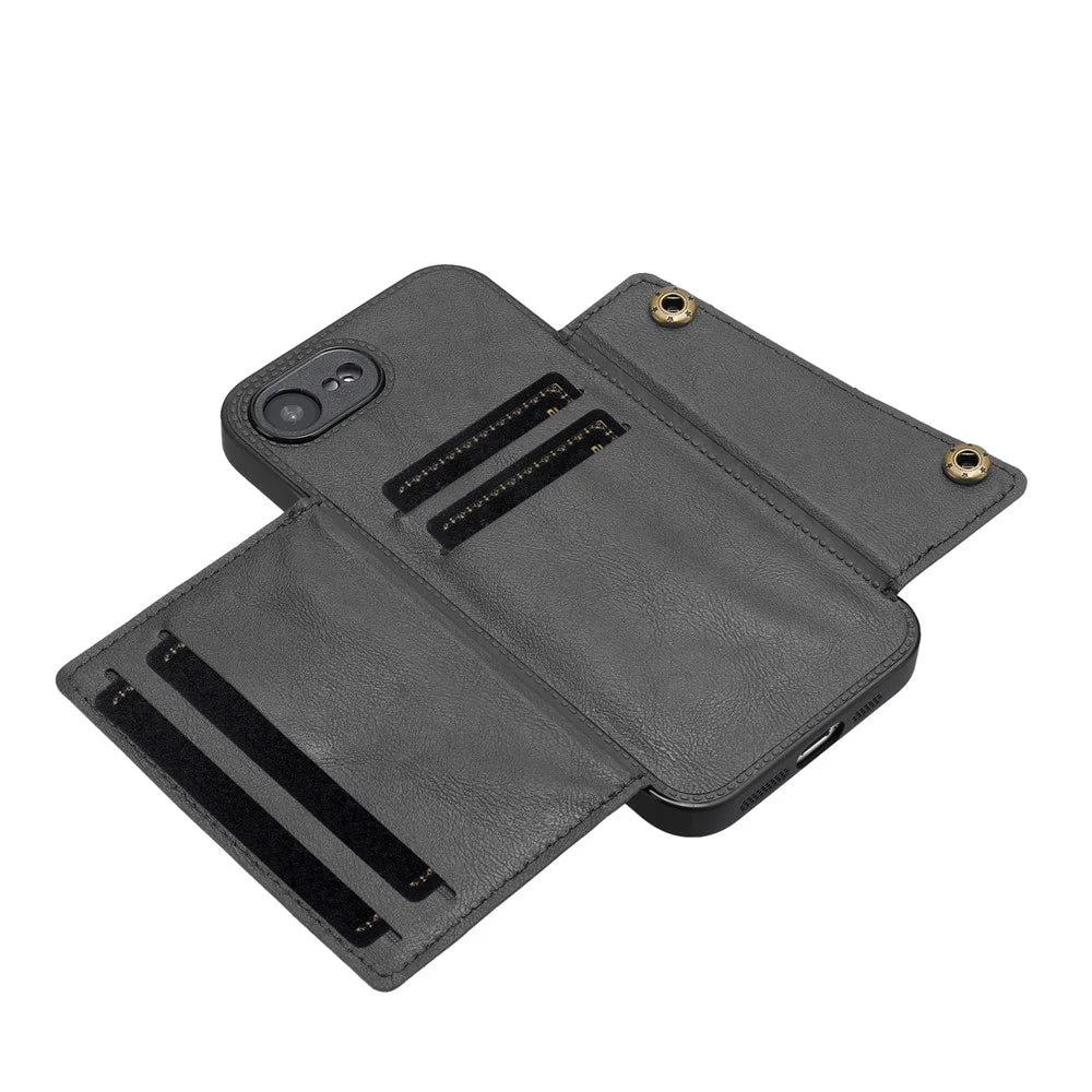 For iPhone 17e / 16e Case with Card Slots Kickstand Leather + TPU Phone Cover - Black - 3
