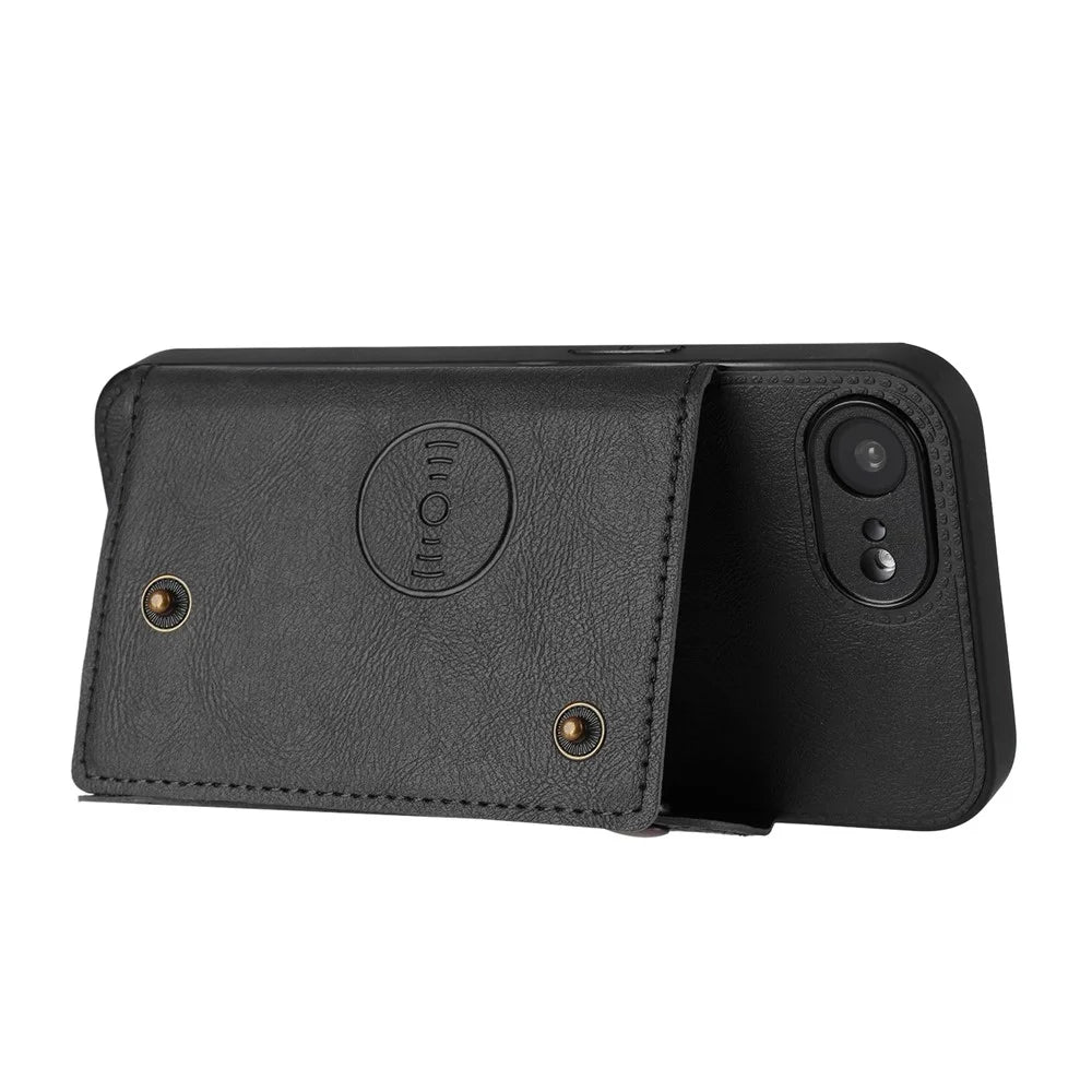 For iPhone 17e / 16e Case with Card Slots Kickstand Leather + TPU Phone Cover - Black - 4