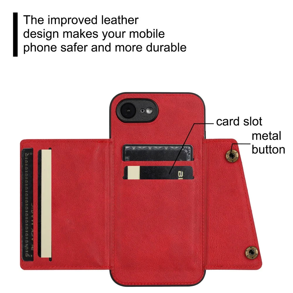 For iPhone 17e / 16e Case with Card Slots Kickstand Leather + TPU Phone Cover - Black - 6
