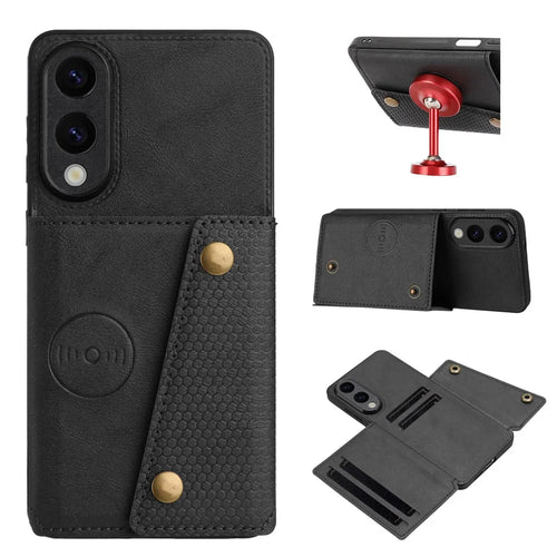 For Samsung Galaxy S25 Edge Case with Card Slots Kickstand Leather + TPU Phone Cover - Black - 1