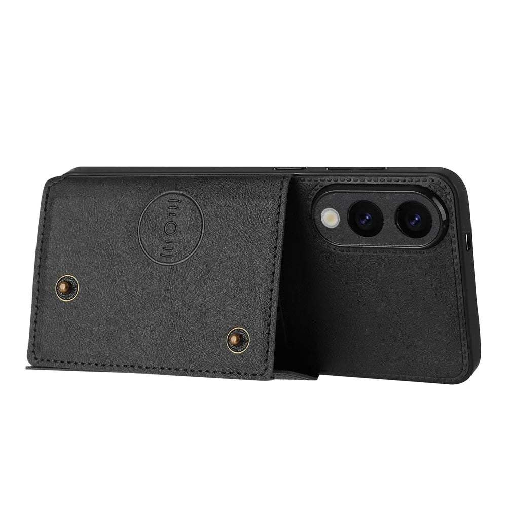 For Samsung Galaxy S25 Edge Case with Card Slots Kickstand Leather + TPU Phone Cover - Black - 3