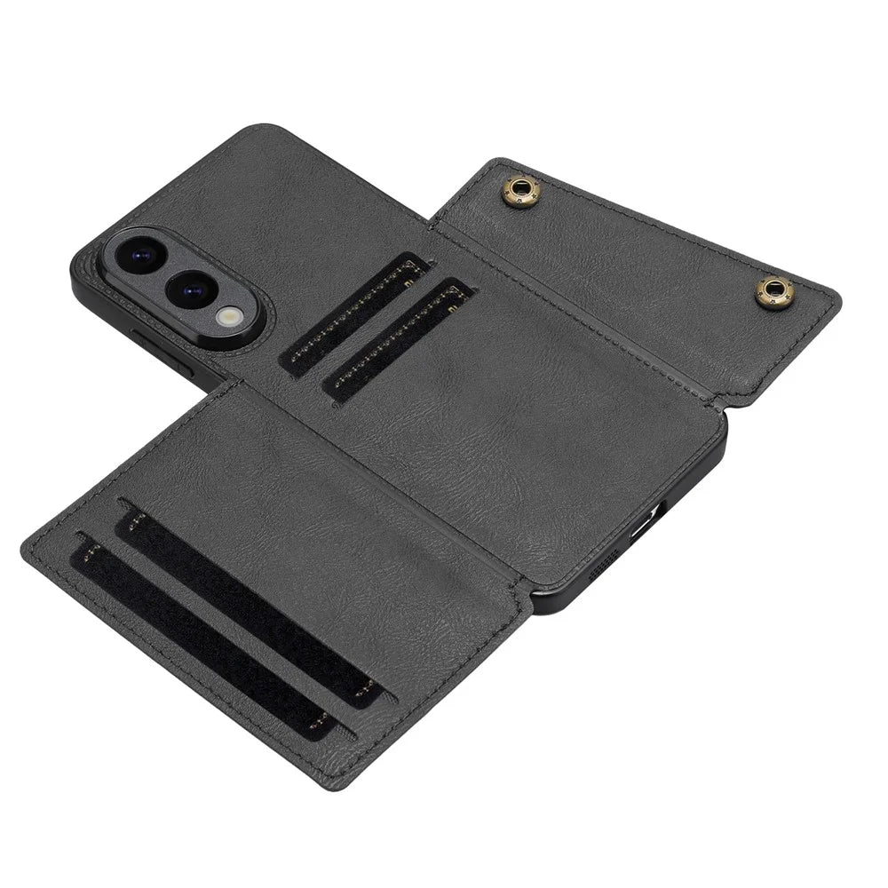 For Samsung Galaxy S25 Edge Case with Card Slots Kickstand Leather + TPU Phone Cover - Black - 4