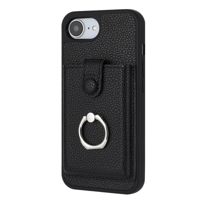 For iPhone 17e / 16e Case with Ring Kickstand Drawing Type Card Slots Leather Back Cover - Black - 2