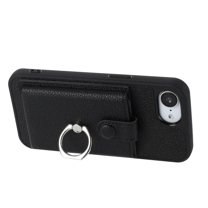 For iPhone 17e / 16e Case with Ring Kickstand Drawing Type Card Slots Leather Back Cover - Black - 3