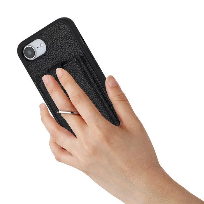 For iPhone 17e / 16e Case with Ring Kickstand Drawing Type Card Slots Leather Back Cover - Black - 4