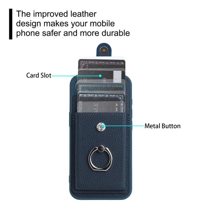 For iPhone 17e / 16e Case with Ring Kickstand Drawing Type Card Slots Leather Back Cover - Black - 5