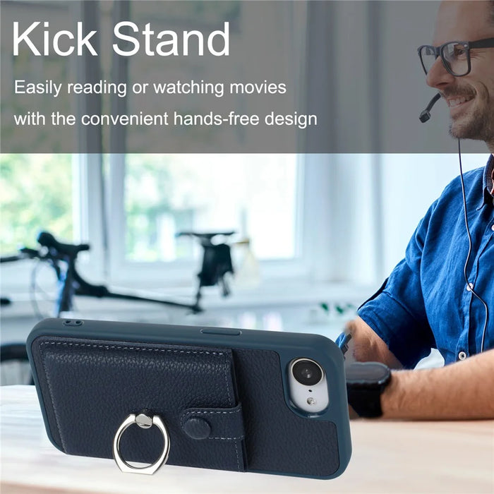 For iPhone 17e / 16e Case with Ring Kickstand Drawing Type Card Slots Leather Back Cover - Black - 7