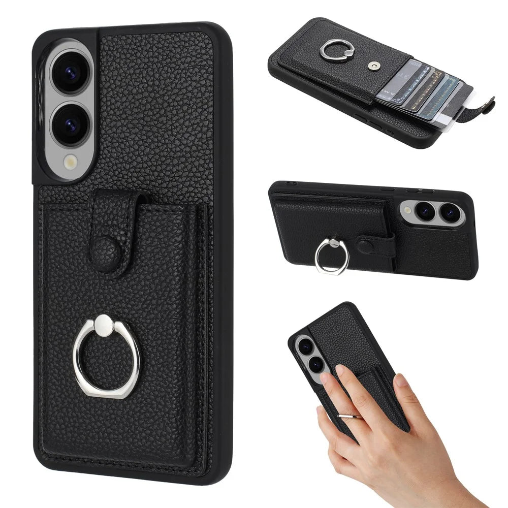 For Samsung Galaxy S25 Edge Case with Ring Kickstand Drawing Type Card Slots Leather Back Cover - Black - 1